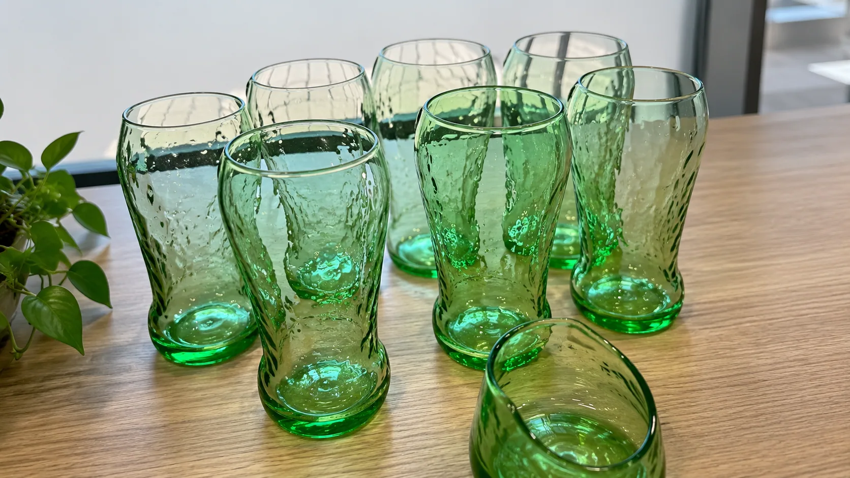 Mass-coloured glass samples showing batch to batch colour difference