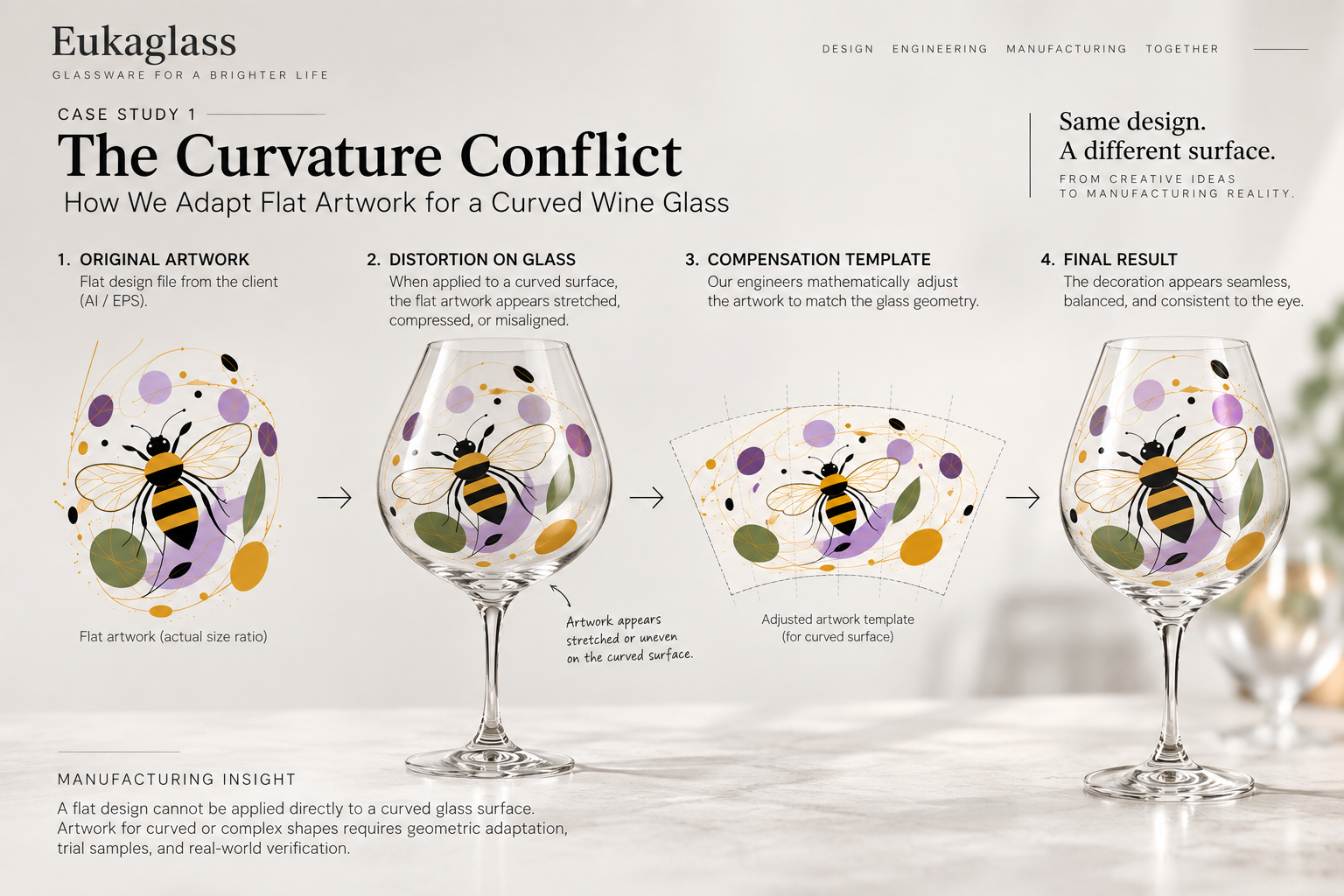 Applying flat decal artwork to curved custom glassware surface