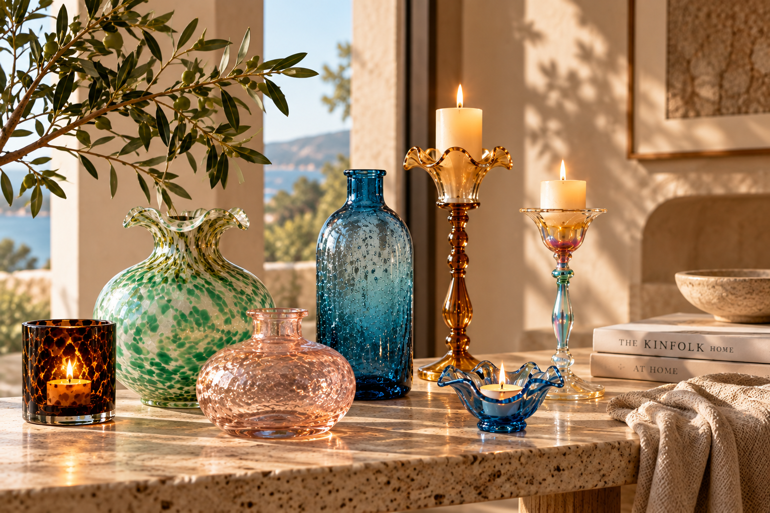 Decorative handcrafted glassware arranged in a refined interior setting