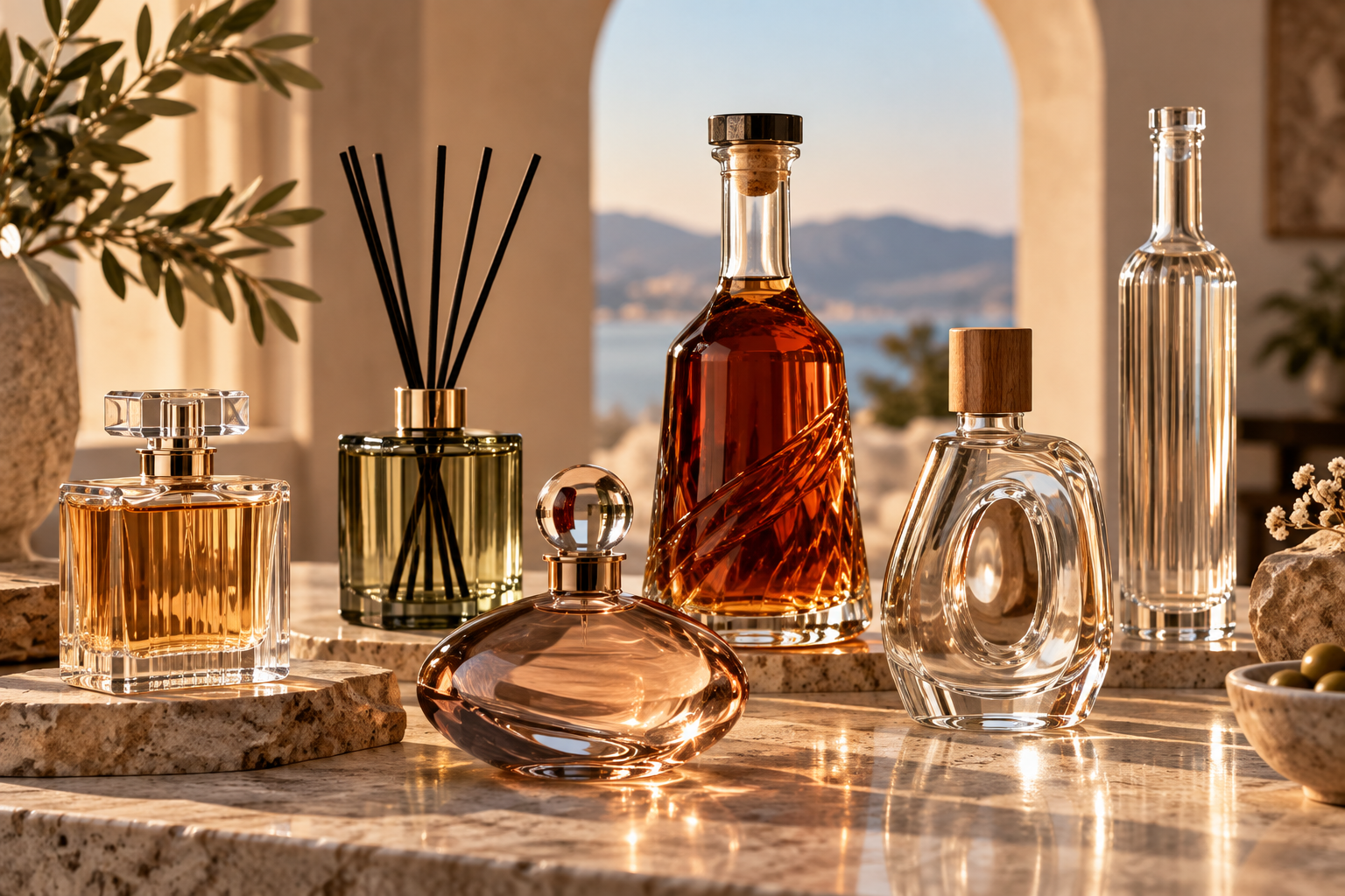 Decorative handcrafted glassware arranged in a refined interior setting