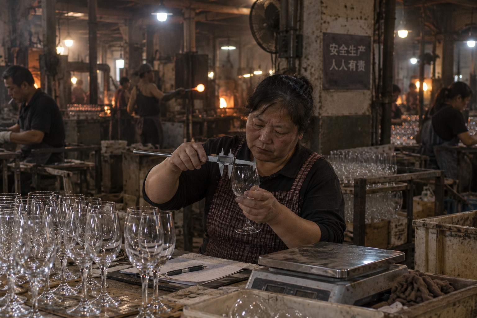 Quality inspection of glassware beside an approved production sample