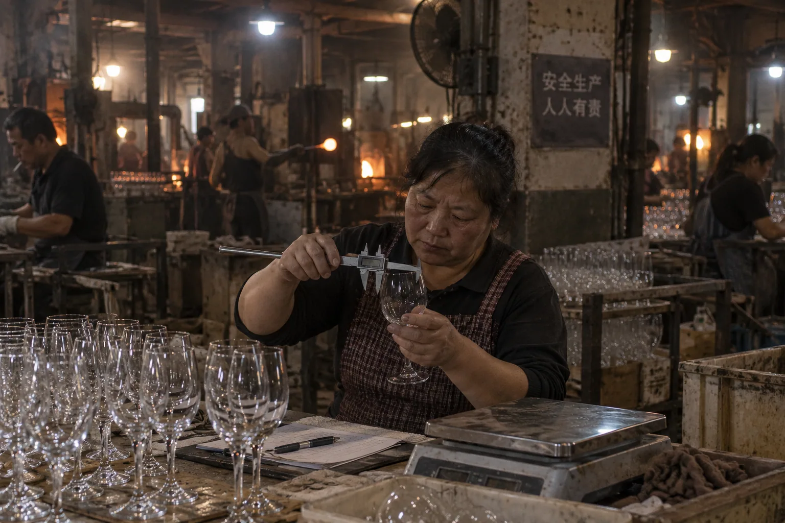 Quality inspection of glassware beside an approved production sample