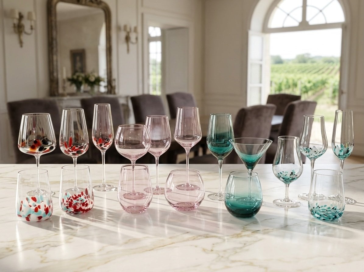 Premium colored glassware showing varied material and color directions